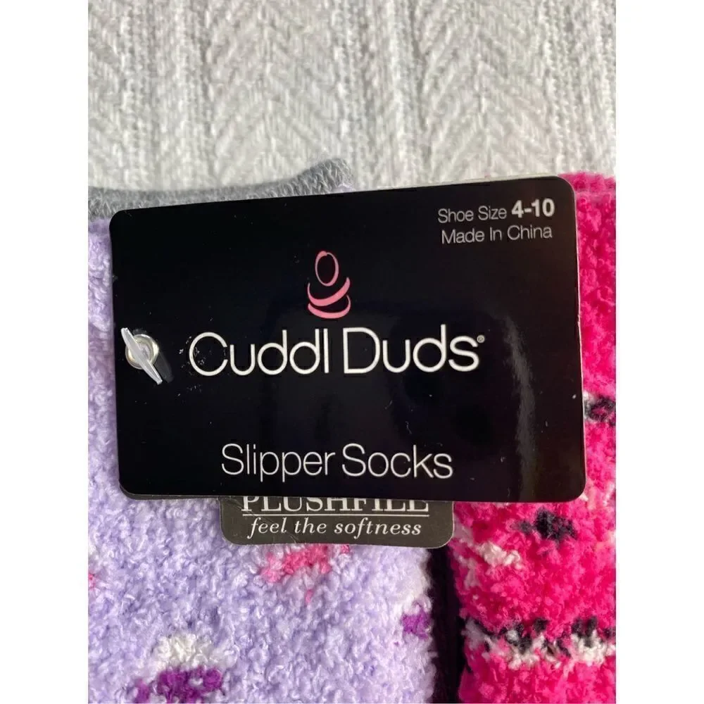 Cuddl Duds Girls Shoe Size 4-10 Lounge Crew Slipper Socks Total 4 Pr